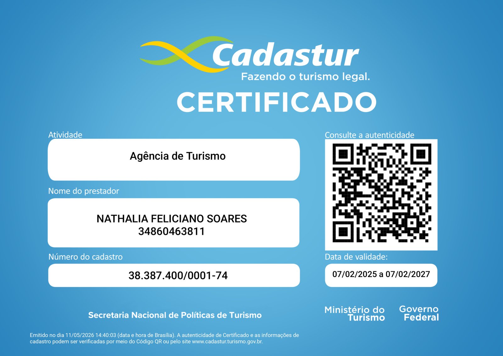 Certificado Cadastur — Scutari Travel, Ministério do Turismo